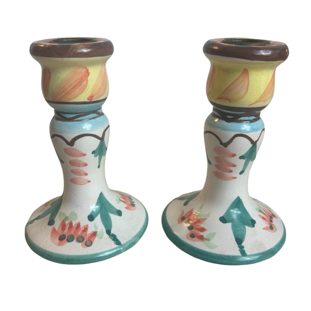 World Bazaar Candle Sticks Ceramic 5” Colorful Whimsical Spring Summer Festive